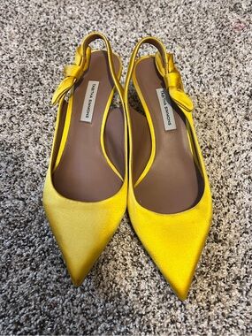 Tabitha Simmons Yellow Satin Pointed Toe Slingback kitten heels